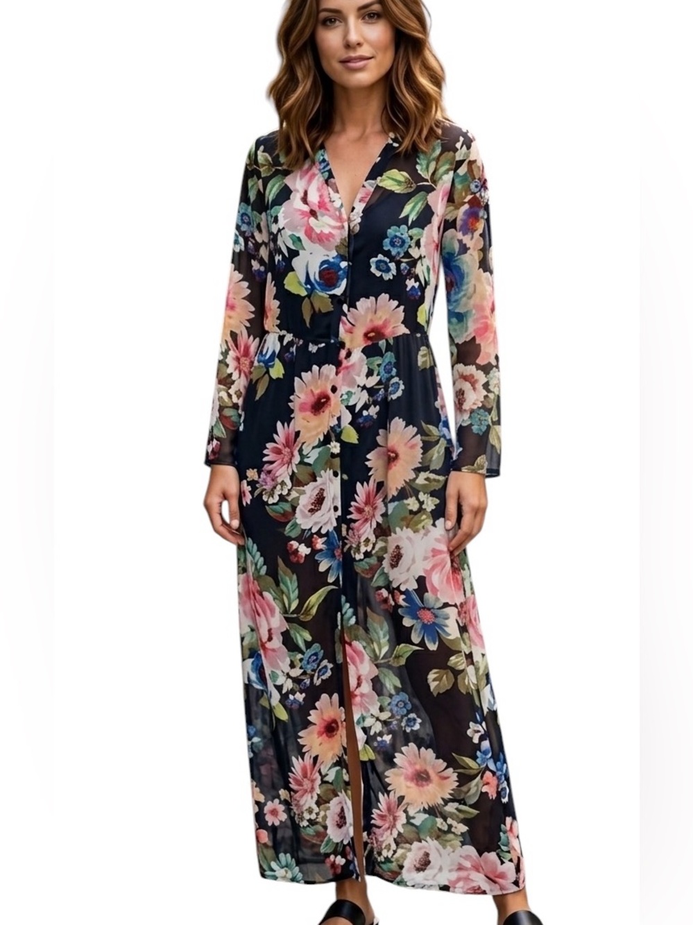 HONEY PUNCH Floral Chiffon Button Down Shirt Dress Kaftan Duster Coverup Small